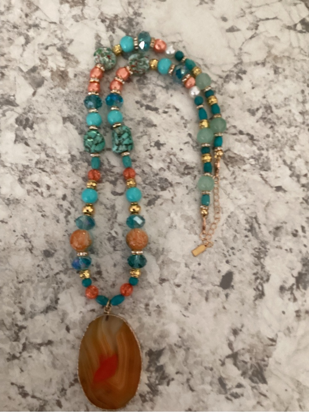 Artisan long beaded necklace with a banded agate orange pendant - Picture 5 of 12